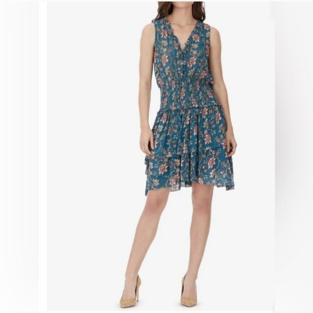 William Rast Clarissa Printed Tiered Green Lace Dress, Smock Ruffled Skirt